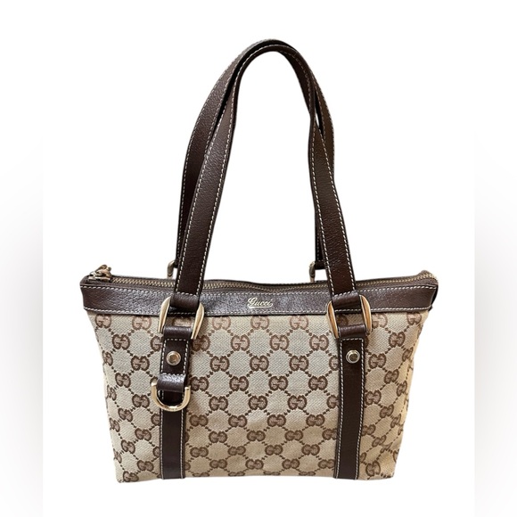 GUCCI Abbey GG Vintage Canvas Tote Bag Brown Leather Trim - Picture 1 of 16